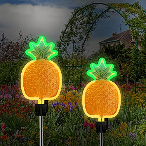 Solar Pineapple Neon Light - Set of 2 Metal Garden Stake Lights 42 inch Path Lighting for Christmas Yard Lawn Patio Walkway Decor