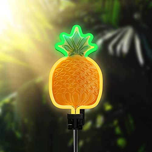 Solar Pineapple Neon Light - Set of 2 Metal Garden Stake Lights 42 inch Path Lighting for Christmas Yard Lawn Patio Walkway Decor