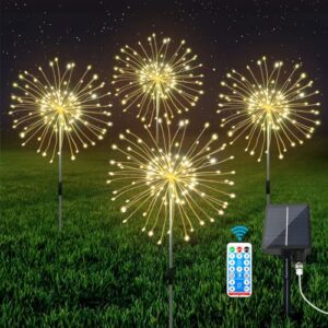 4 pack solar garden firework lights, solar lights decorative, 8 lighting modes with remote 120 led twinkling waterproof landscape outdoor decor, for pathway backyard walkway patio (warm white)