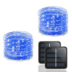 upook solar string lights, copper wire solar fairy lights 100led 33ft 8 modes, waterproof outdoor string lights, blue decorative lights for christmas party wedding and patio garden yard, 2 pack
