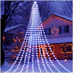 gorrzai outdoor christmas decorations yard star string lights 420 led waterproof christmas tree lights with tree topper, 8 lighting modes waterfall lights for yard patio garden party (cold white)