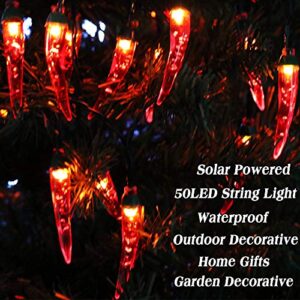 BeHiller 23FT 50LED Garden Solar Christmas Lights Outdoor, Red Chili Pepper String Lights-Waterproof LED Kitchen Christmas Solar Decorative Lights for Tree, Lawn, Patio, Yard, Home, Party, Porch Decor