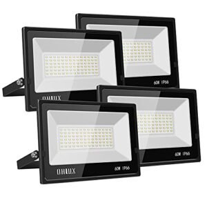 ohlux led flood lights outdoor, 6000lumen superbright, 60w ip66 waterproof for security lights, exterior lights, garden, patio, playground, basketball court 4 pack black
