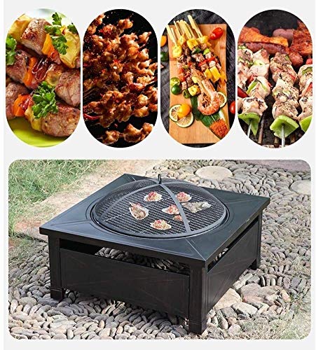 LEAYAN Garden Fire Pit Portable Grill Barbecue Rack Outdoor Fire Pit Metal Square Firepit Patio Stove Wood Burning BBQ Grill Fire Pit Bowl with Spark Screen Cover, Log Grate for Camping Backyard