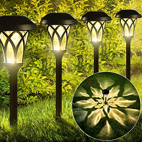 BEAU JARDIN 8 Pack Glass Solar Pathway Landscape Lights LED Stainless Steel Waterproof Bright Outdoor Garden with Stakes Auto On/Off Sun Powered Warm White Lighting Walkway Metal Pattern Black BG320