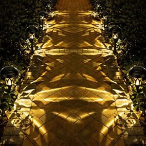 BEAU JARDIN 8 Pack Glass Solar Pathway Landscape Lights LED Stainless Steel Waterproof Bright Outdoor Garden with Stakes Auto On/Off Sun Powered Warm White Lighting Walkway Metal Pattern Black BG320