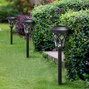 BEAU JARDIN 8 Pack Glass Solar Pathway Landscape Lights LED Stainless Steel Waterproof Bright Outdoor Garden with Stakes Auto On/Off Sun Powered Warm White Lighting Walkway Metal Pattern Black BG320