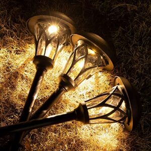 BEAU JARDIN 8 Pack Glass Solar Pathway Landscape Lights LED Stainless Steel Waterproof Bright Outdoor Garden with Stakes Auto On/Off Sun Powered Warm White Lighting Walkway Metal Pattern Black BG320