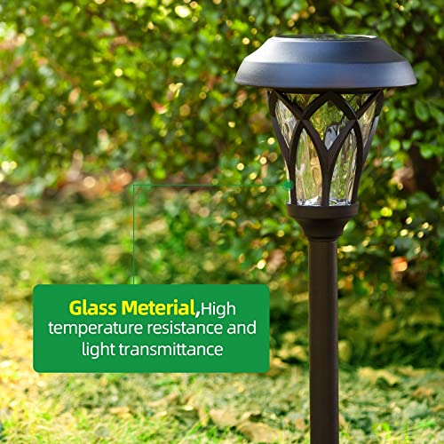 BEAU JARDIN 8 Pack Glass Solar Pathway Landscape Lights LED Stainless Steel Waterproof Bright Outdoor Garden with Stakes Auto On/Off Sun Powered Warm White Lighting Walkway Metal Pattern Black BG320