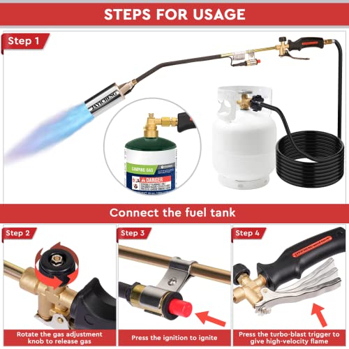 Propane Torch Weed Burner Kit,Weed Torch 800,000 BTU Blow Torch with 1lb Propane Cylinder Converter,9.8 FT Hose Heavy Duty Flamethrower with Turbo Trigger for Flame Weeding,Roofing, Melting Ice Snow