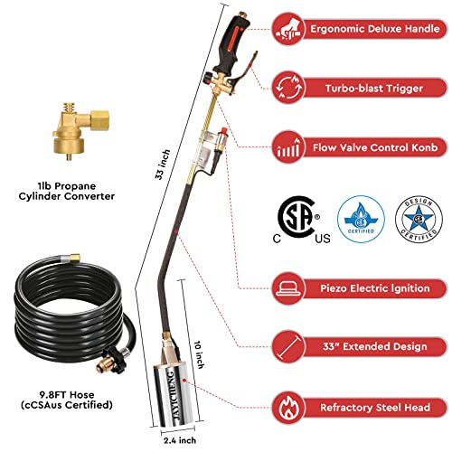 Propane Torch Weed Burner Kit,Weed Torch 800,000 BTU Blow Torch with 1lb Propane Cylinder Converter,9.8 FT Hose Heavy Duty Flamethrower with Turbo Trigger for Flame Weeding,Roofing, Melting Ice Snow