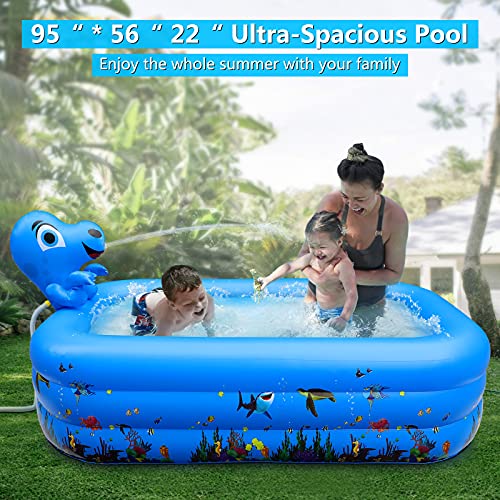 RundA Inflatable Swimming Pool, 2021 Upgraded 95''X56''X22'' Kiddie Pool with Dinosaur Sprinkler, Full-Sized Swimming Pool Above Ground for Kids, Adults, Family for Ages 3+, Outdoor, Garden, Backyard