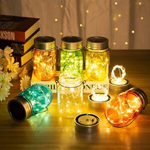 gigalumi solar multicolor mason jar lights – 6 pack 30 leds fairy string lights hanging solar lanterns table lights outdoors for christmas, garden, yard and patio décor (hangers and jars included)