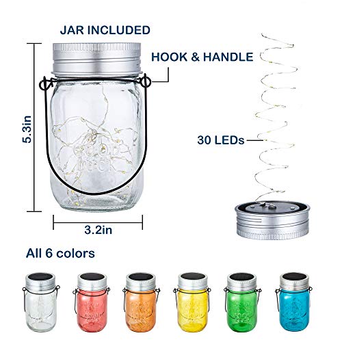 GIGALUMI Solar Multicolor Mason Jar Lights - 6 Pack 30 LEDs Fairy String Lights Hanging Solar Lanterns Table Lights Outdoors for Christmas, Garden, Yard and Patio Décor (Hangers and Jars Included)