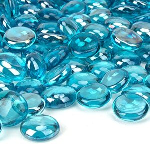 blqh [18 pound] fire glass beads fireglass drops flat glass beads for gas fire pit fireplace azure blue luster reflective decorative glass gems for vase fillers fish tank aquarium decoration (18.6)