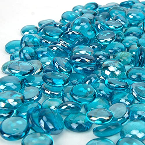 BLQH [18 Pound] Fire Glass Beads Fireglass Drops Flat Glass Beads for Gas Fire Pit Fireplace Azure Blue Luster Reflective Decorative Glass Gems for Vase Fillers Fish Tank Aquarium Decoration (18.6)