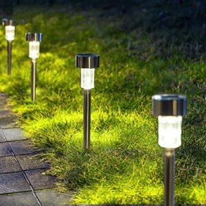 gigalumi solar pathway lights 12 pack, stainless steel ip44 waterproof auto on/off outdoor led pathway landscape solar lights for garden, yard, patio, path and walkway. (cold white)