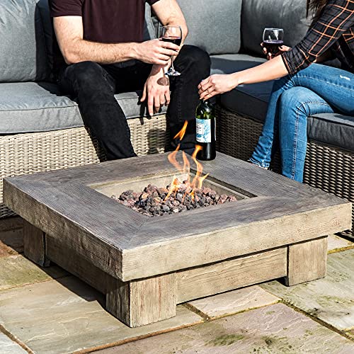 Teamson Home Square Wood Look Propane Gas Fire Pit Fire Table with ETL Certification, PVC Cover and Lava Rocks for Outdoor Patio Garden Backyard Decking Décor, 40,000 BTU, 35 inch Length, Gray