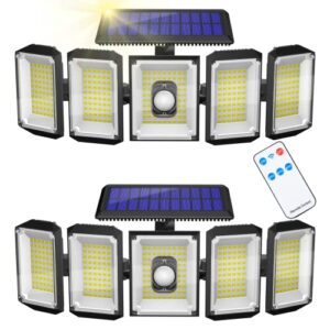 melonart solar lights outdoor, 7000k 300 led security lights with remote control, 5 heads 360°wide angle motion sensor light, ip65 waterproof flood wall lights with 3 modes for yard garden, 2 pack