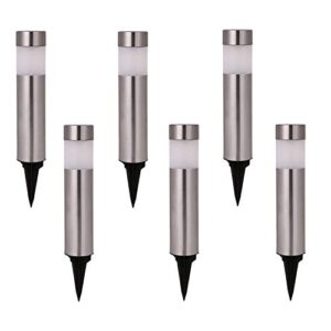 solar bollard lights outdoor – 6 pack stainless steel warm white led landscape lights waterproof decorative lighting for backyard lawn patio (silver.)