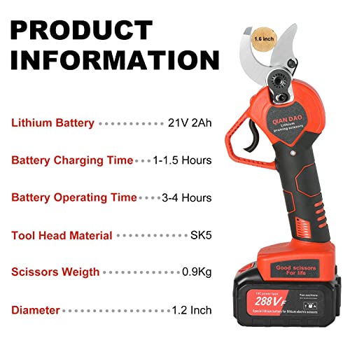 Electric Pruning Shears WBLLG Cordless Electric Pruning Battery Powered, Tree Branch Pruner with Brushless Motor, 2 Pcs 25V Lithium Battery, SK5 Blades, 1.6 Inch Cutting Diameter