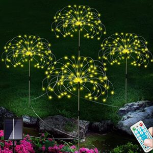 solar garden lights, 4 pack solar fireworks lights outdoor waterproof decorative sparkles pathway light, 8 lighting modes stake lights with remote for garden yard flowerbed pathway parties (warm)
