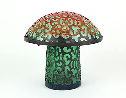 Things2Die4 Teal Blue Mushroom Metal Art Filigree LED Lighted Solar Garden Statue, Green, 11.82InL x 11.82InW x 11.03InH