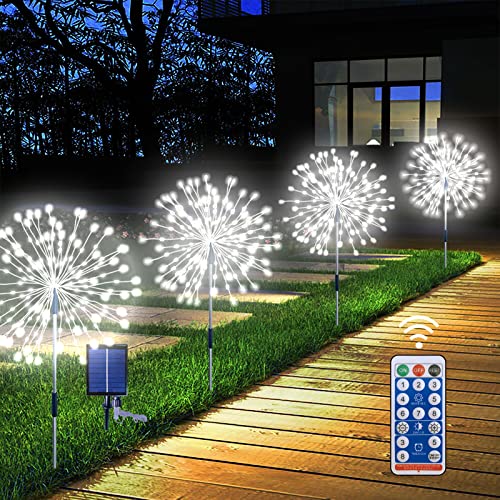 Fireworks Lights USB-C Charge 50 Copper Wire ,4 Pack Solar Garden Lights 200 LED Outdoor WaterproofRemote Control,8 Modes DIY Landscape Lights for Walkway Pathway Backyard Lawn(White)