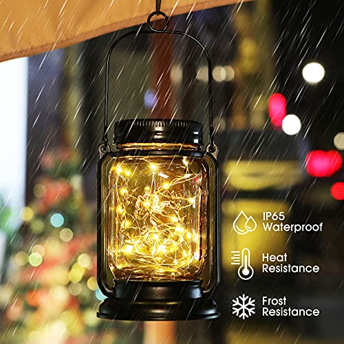 NEEMO Solar Mason Jar Fairy Lights, 2 Pack Solar Lanterns Outdoor Waterproof Glass Lamp, Vintage Jar Starry Fairy Light with Angel Pattern for Patio, Garden, Party, Holiday [Warm White]