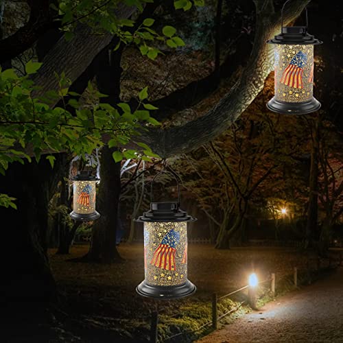 Hanging Solar Lantern, American Flag Lantern, Solar Lanterns Outdoor Waterproof, Black Metal LED Lamp for Outdoor Garden Patio Lawn Decor