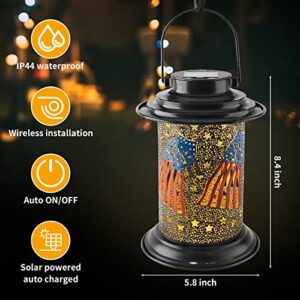 Hanging Solar Lantern, American Flag Lantern, Solar Lanterns Outdoor Waterproof, Black Metal LED Lamp for Outdoor Garden Patio Lawn Decor