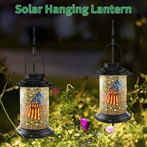 Hanging Solar Lantern, American Flag Lantern, Solar Lanterns Outdoor Waterproof, Black Metal LED Lamp for Outdoor Garden Patio Lawn Decor