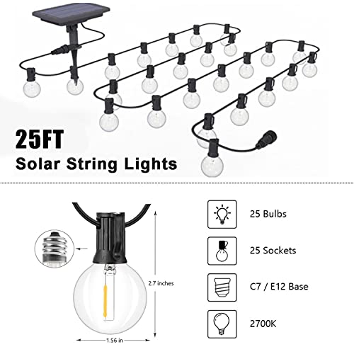 Afirst Solar Outdoor String Lights with USB Rechargeable 4 Lighting Modes Waterproof LED Patio Lights 25FT with 25 Bulbs for Backyard Garden Yard Lighting