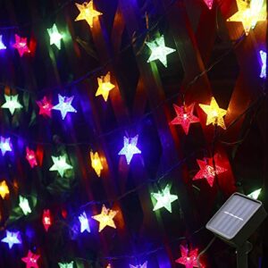 mankinlu outdoor solar star string lights,multicolor solar powered star shaped twinkle fairy string lights,24.5ft 50leds 8modes waterproof christmas tree string lights for gardens, patio, lawn decor.