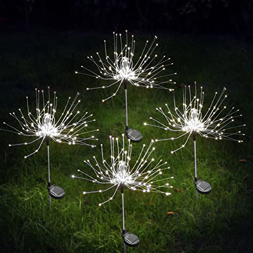 Romdecyn 4Pack Outdoor Solar Garden Lights,150 LED Copper Wire 2 Lighting Modes Fireworks Solar Pathway Lights Outdoor Waterproof,for Patio Party Holiday Wedding DIY Pathway Decoration（White）