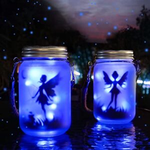 alritz 2 pack solar lantern fairy lights, garden ornament lights – outdoor hanging frosted glass mason jar lights for tree, table, yard, garden, patio, lawn (blue)