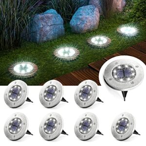 gigalumi 8 pack solar ground lights, 8 led solar powered disk lights outdoor waterproof garden landscape lighting for yard deck lawn patio pathway walkway (white)
