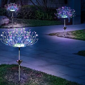 honche 2 pack solar firework lights ground-plug, 120led 8 modes solar garden colorful string lights, starburst lights for pathway patio,yard, lawn, backyard, christmas party decorative (rgb-round)