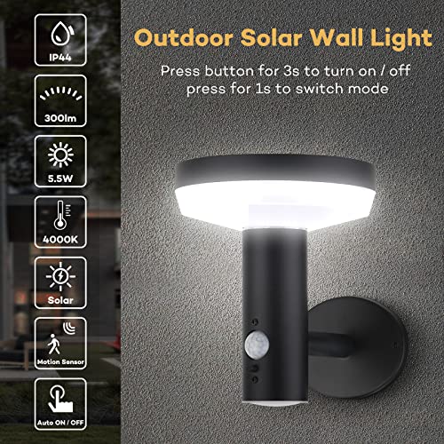 TJCoLUX Outdoor Solar Wall Light with Motion Sensor Exterior Aluminium Black Finish Wall Sconce IP44 Waterproof 4000K Outdoor Light Fixture for Fence Patio Porch Garden