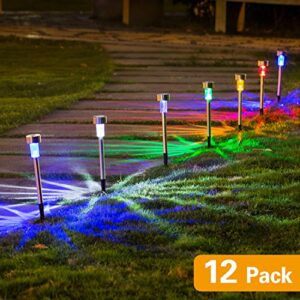 Wellgium Solar Lights Outdoor, Solar Lights Garden Lights Landscape Lighting Pathway Lights for Lawn Patio Stainless Steel-12 Pack(6 Colors)