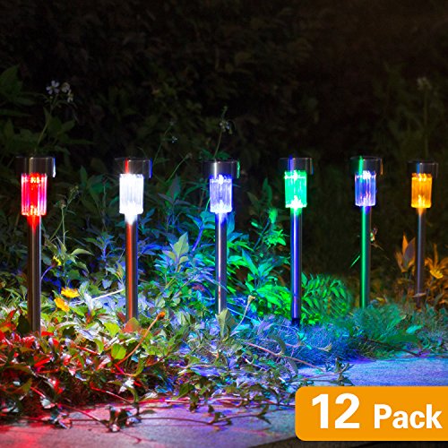 Wellgium Solar Lights Outdoor, Solar Lights Garden Lights Landscape Lighting Pathway Lights for Lawn Patio Stainless Steel-12 Pack(6 Colors)