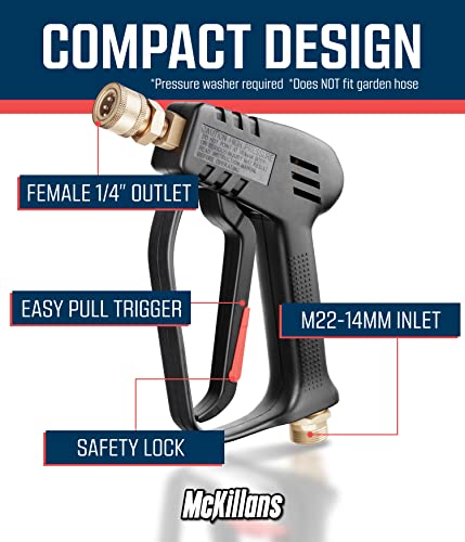 McKillans Short Pressure Washer Gun with Replacement M22 Inlet- High Pressure Water Handle with 1/4” Quick Connector Coupler - Power Washer Gun Compatible with Foam Cannon - Car Wash Foam Gun