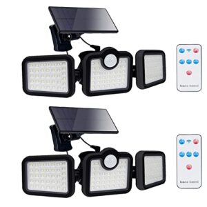 2 pack detachable solar security lights, 3 head motion sensor lights with remote control 108 led rotatable flood lights ip65 waterproof outdoor spotlights for porch garden patio yard garage pathway