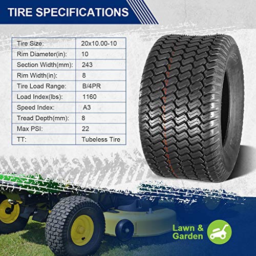 MaxAuto 20x10.00-10 Turf Tires for Lawn & Garden Mower Tractor 20x10x10 20x10-10 4 Ply, Set of 2