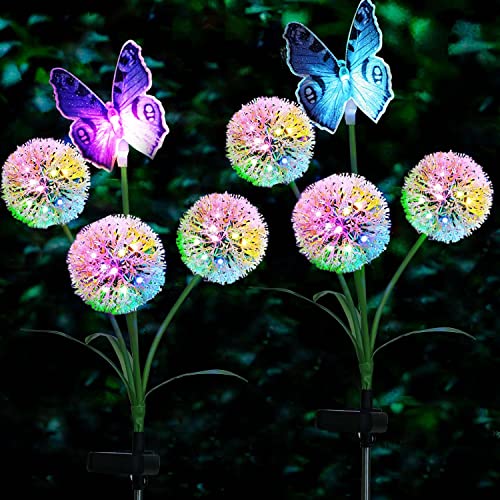Morestar Solar Dandelion Flowers with Butterfly Outdoor Decorative,2 Pack 36 LEDs Multicolor Change Solar Garden Lights Solar Stake Lights,Waterproof Solar Outdoor Lights for Yard,Patio,Lawn Decor