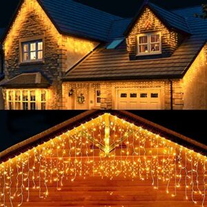 b-right icicle lights outdoor, 32.8ft 480 led icicle christmas lights 60 drops 8 modes waterproof dimmable curtain lights with remote timer for indoor outdoor eaves garden party decor warm white
