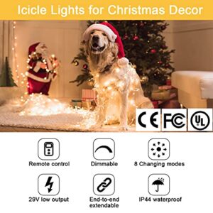 B-right Icicle Lights Outdoor, 32.8ft 480 LED Icicle Christmas Lights 60 Drops 8 Modes Waterproof Dimmable Curtain Lights with Remote Timer for Indoor Outdoor Eaves Garden Party Decor Warm White