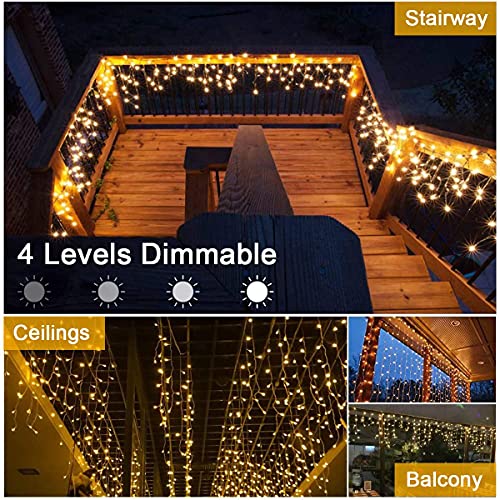 B-right Icicle Lights Outdoor, 32.8ft 480 LED Icicle Christmas Lights 60 Drops 8 Modes Waterproof Dimmable Curtain Lights with Remote Timer for Indoor Outdoor Eaves Garden Party Decor Warm White