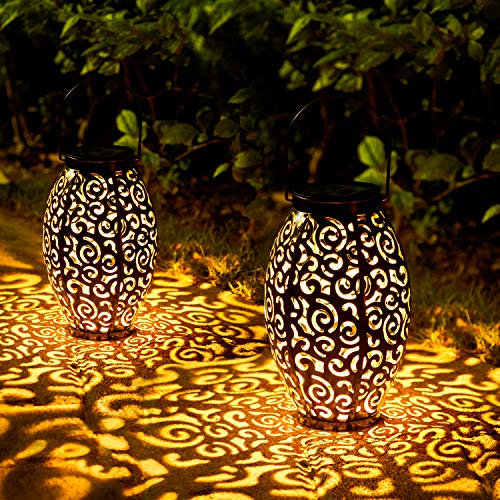 Solar Lanterns Outdoor, 2 Pack Solar Garden Lanterns Waterproof, LED Hanging Lanterns Solar Powered with Handle, Decorative Retro Metal Solar Lights for Table Patio Yard Pathway Walkway Christmas