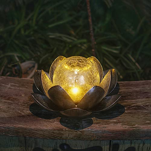 Decorman Solar Garden Lights Outdoor, Crackle Globe Glass Lotus Decoration, Waterproof Metal LED Flower Lights for Yard, Patio, Lawn, Pathway, Tabletop (1 Pack, Black)